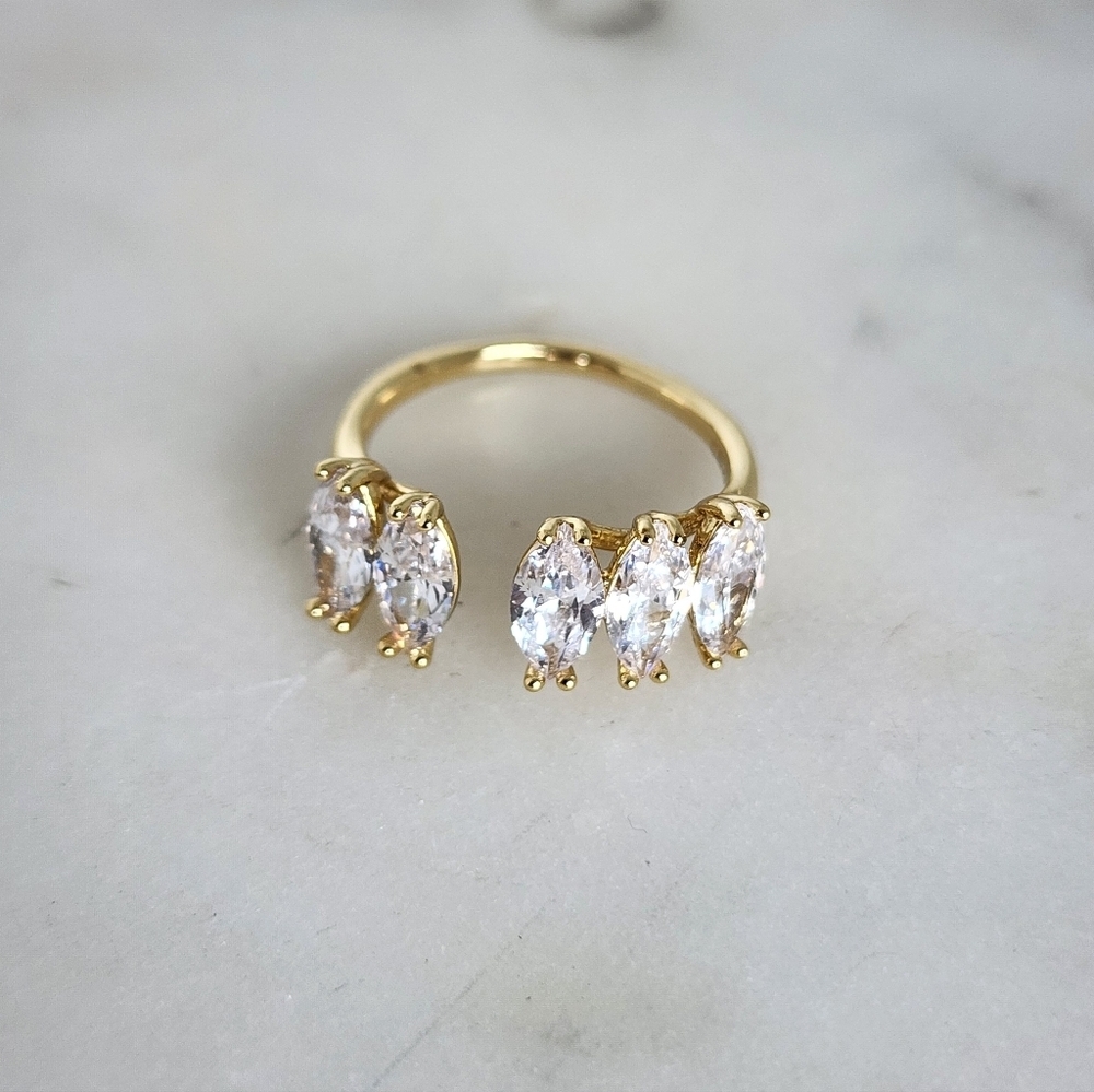Gold Plated Open Ring Marquise Cut CZ Adjustable Statement Ring